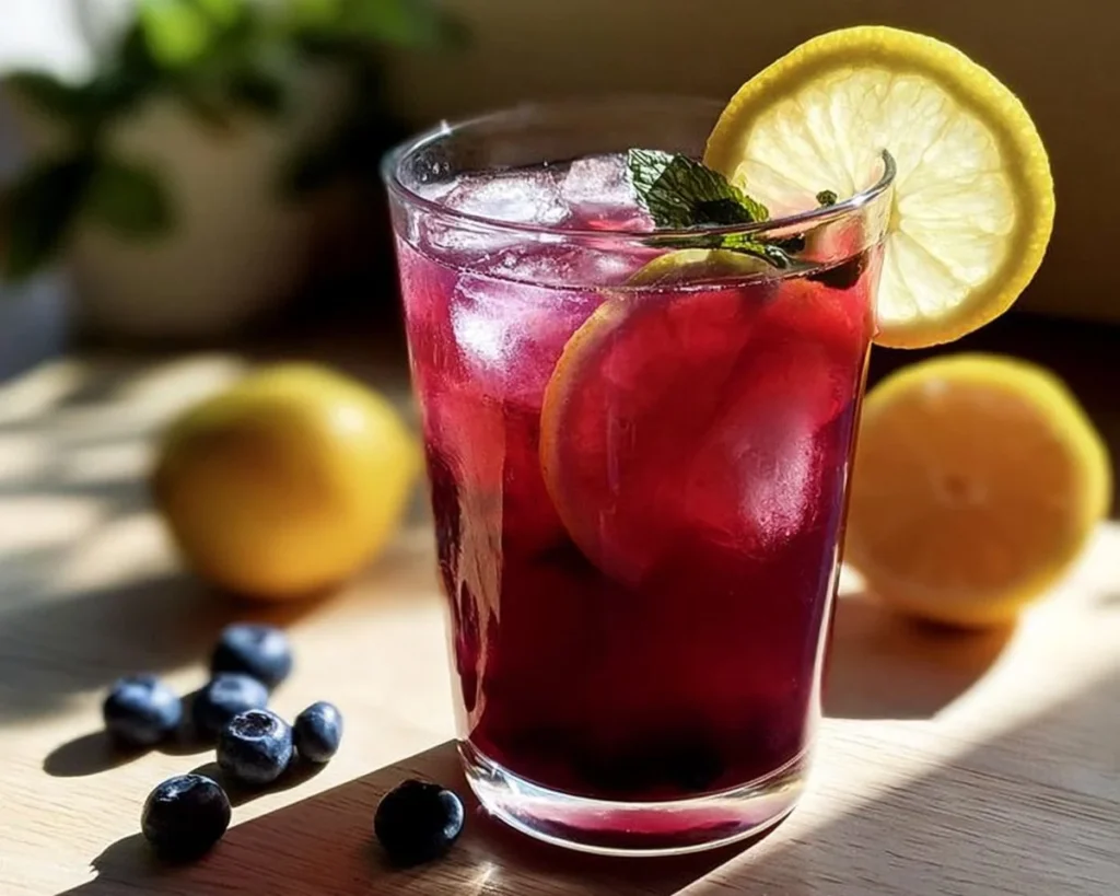 Refreshing blueberry lemonade drink in a glass with blueberries and lemons