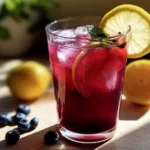Refreshing blueberry lemonade drink in a glass with blueberries and lemons