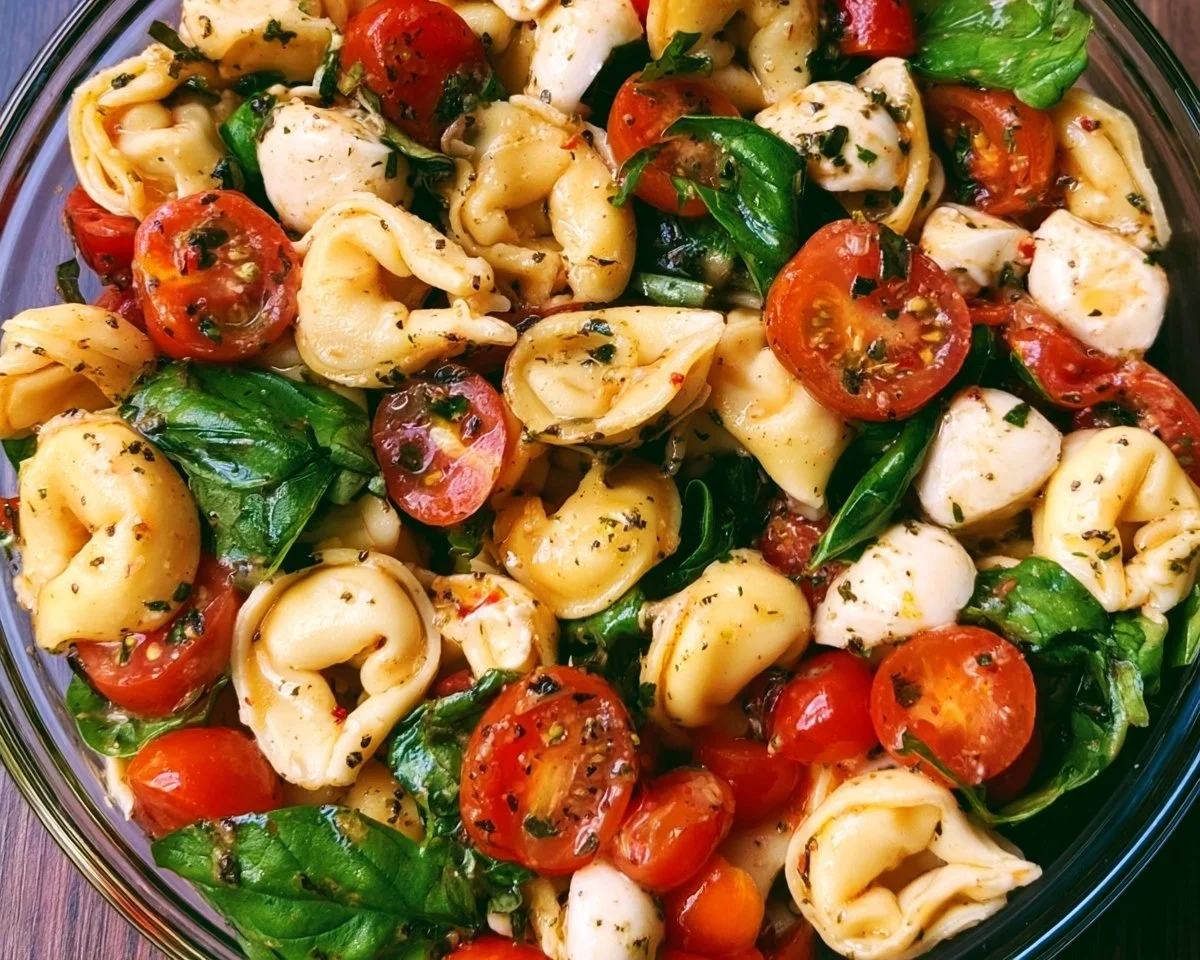 Delicious Caprese Tortellini Salad with fresh mozzarella, tomatoes, and basil