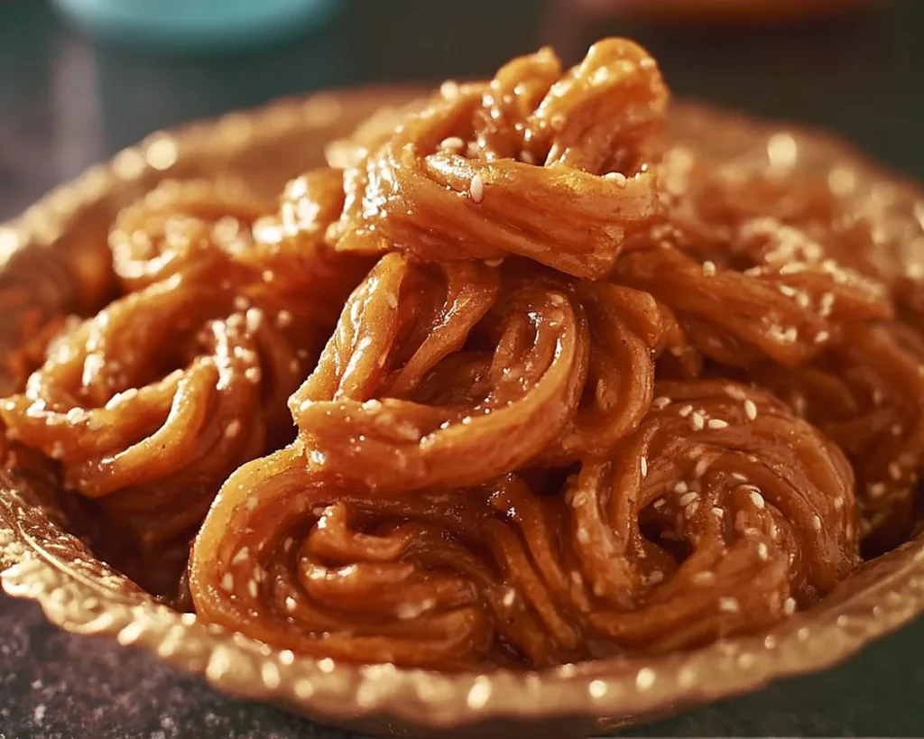 Delicious Chebakia Moroccan pastry drizzled with honey and sesame seeds.