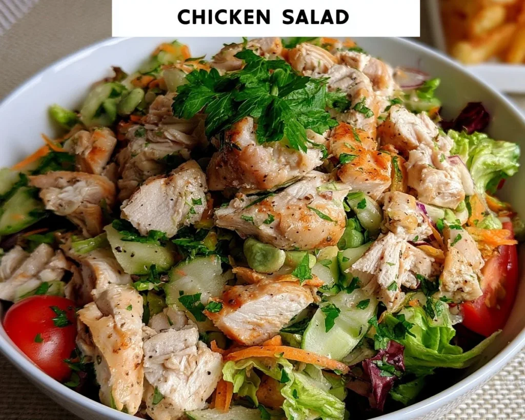 A bowl of fresh chicken salad with vegetables and dressing