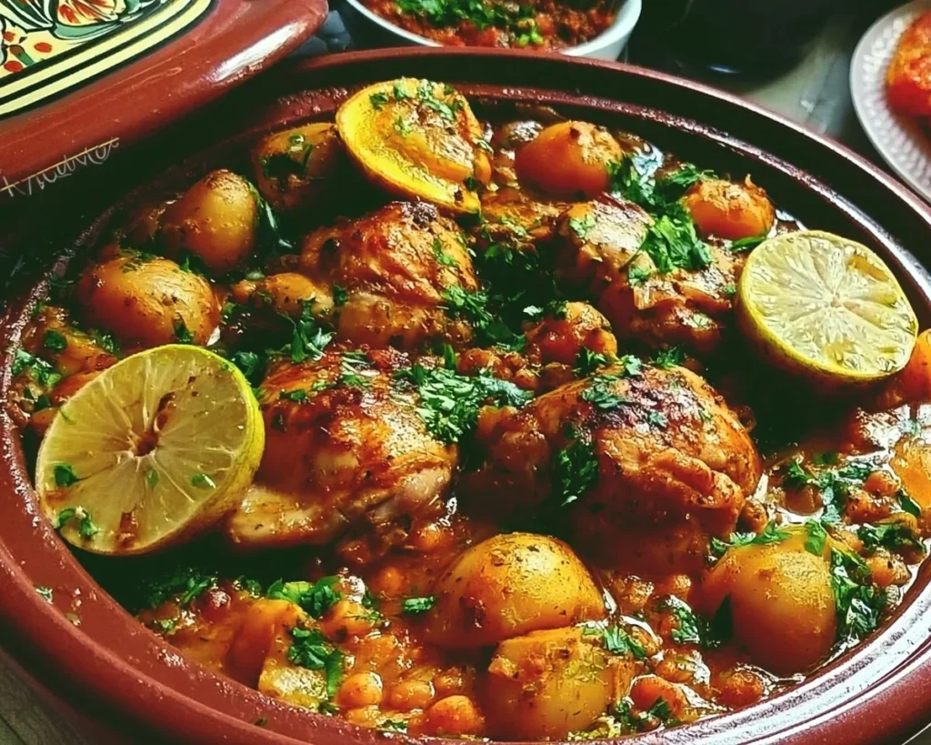 Delicious Chicken Tagine served with vegetables and spices in a traditional pot