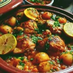 Delicious Chicken Tagine served with vegetables and spices in a traditional pot