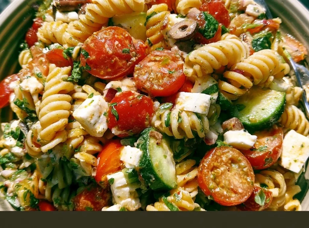 Delicious cold summer pasta salad with fresh vegetables and herbs
