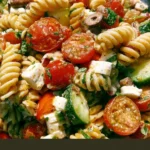 Delicious cold summer pasta salad with fresh vegetables and herbs