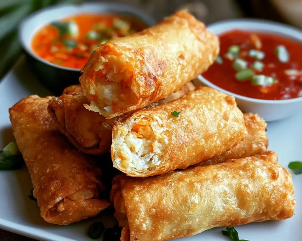 Delicious Crab Rangoon Egg Rolls served on a plate with dipping sauce