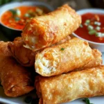 Delicious Crab Rangoon Egg Rolls served on a plate with dipping sauce