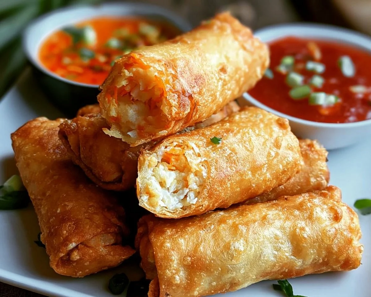 Delicious Crab Rangoon Egg Rolls served on a plate with dipping sauce