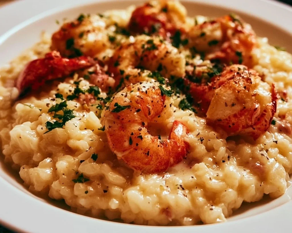 Delicious creamy lobster risotto garnished with fresh herbs