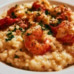 Delicious creamy lobster risotto garnished with fresh herbs