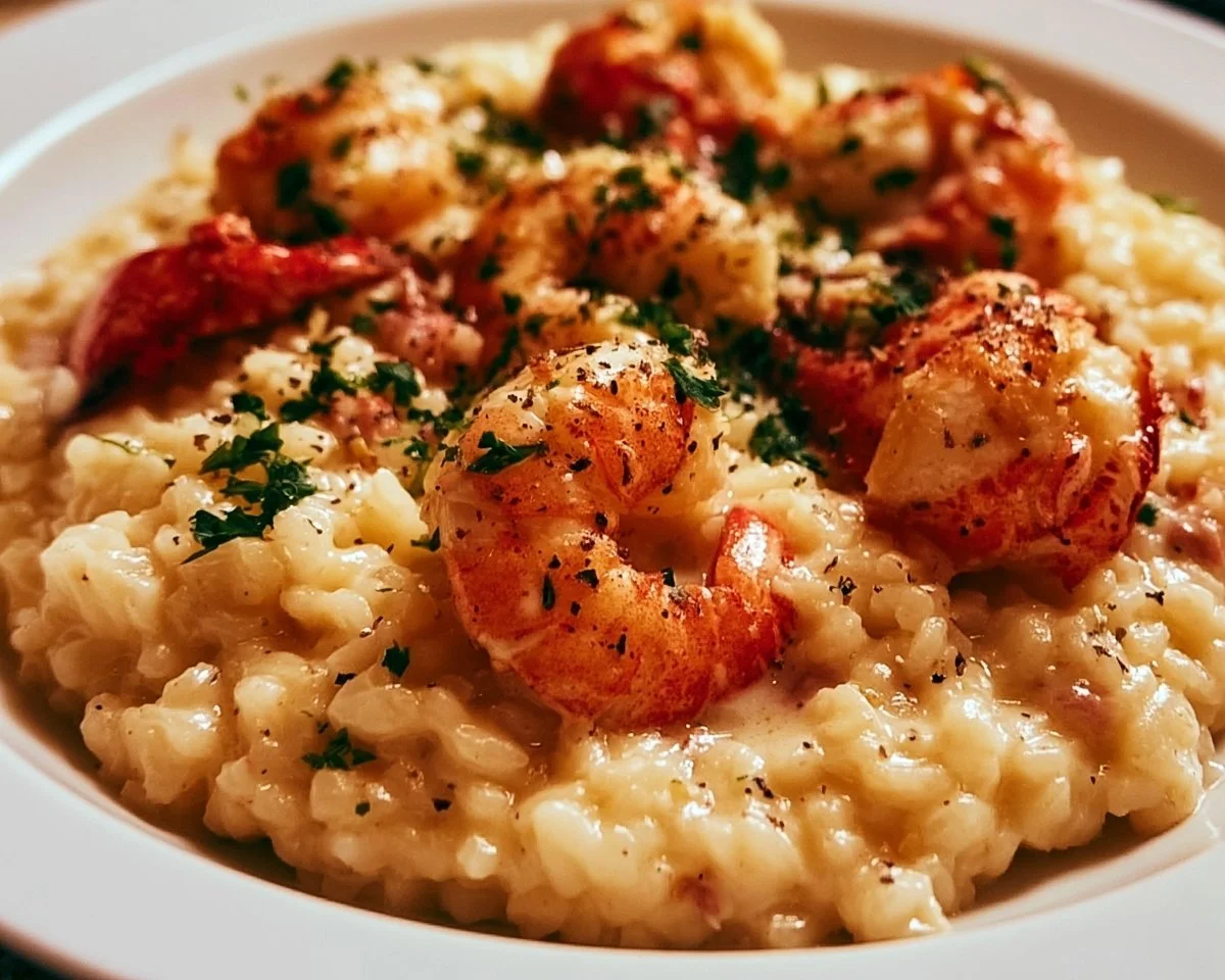 Delicious creamy lobster risotto garnished with fresh herbs