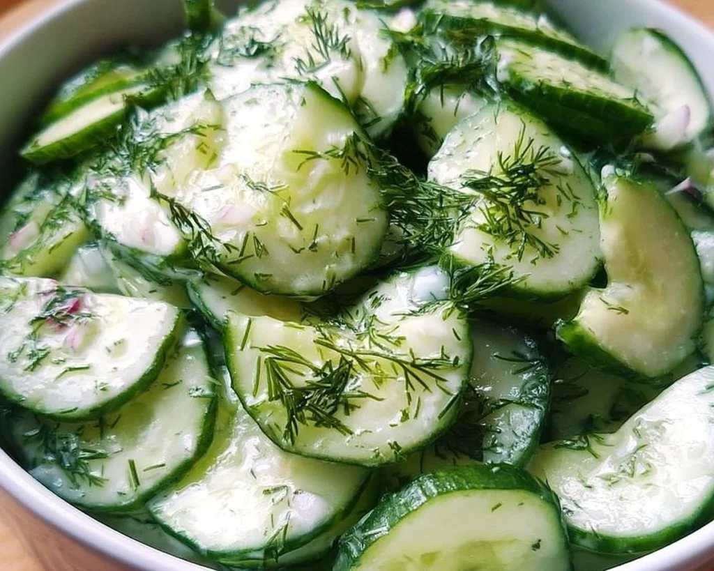 Cucumber Dill Salad in a bowl, garnished with fresh dill and served cold.