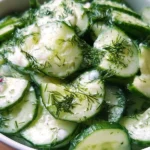 Cucumber Dill Salad in a bowl, garnished with fresh dill and served cold.