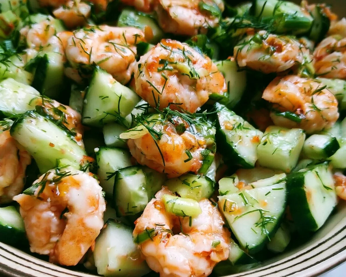 Cucumber Shrimp Salad with fresh ingredients served in a bowl