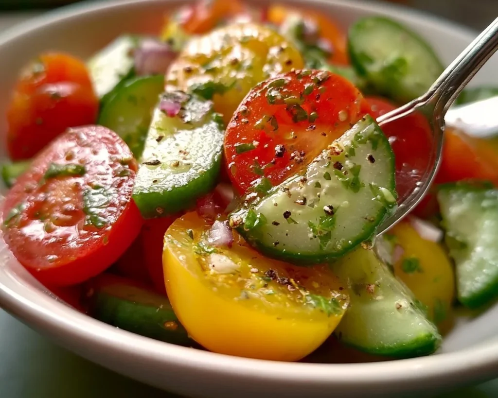 Fresh cucumber tomato salad with herbs and vinaigrette dressing