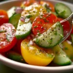 Fresh cucumber tomato salad with herbs and vinaigrette dressing