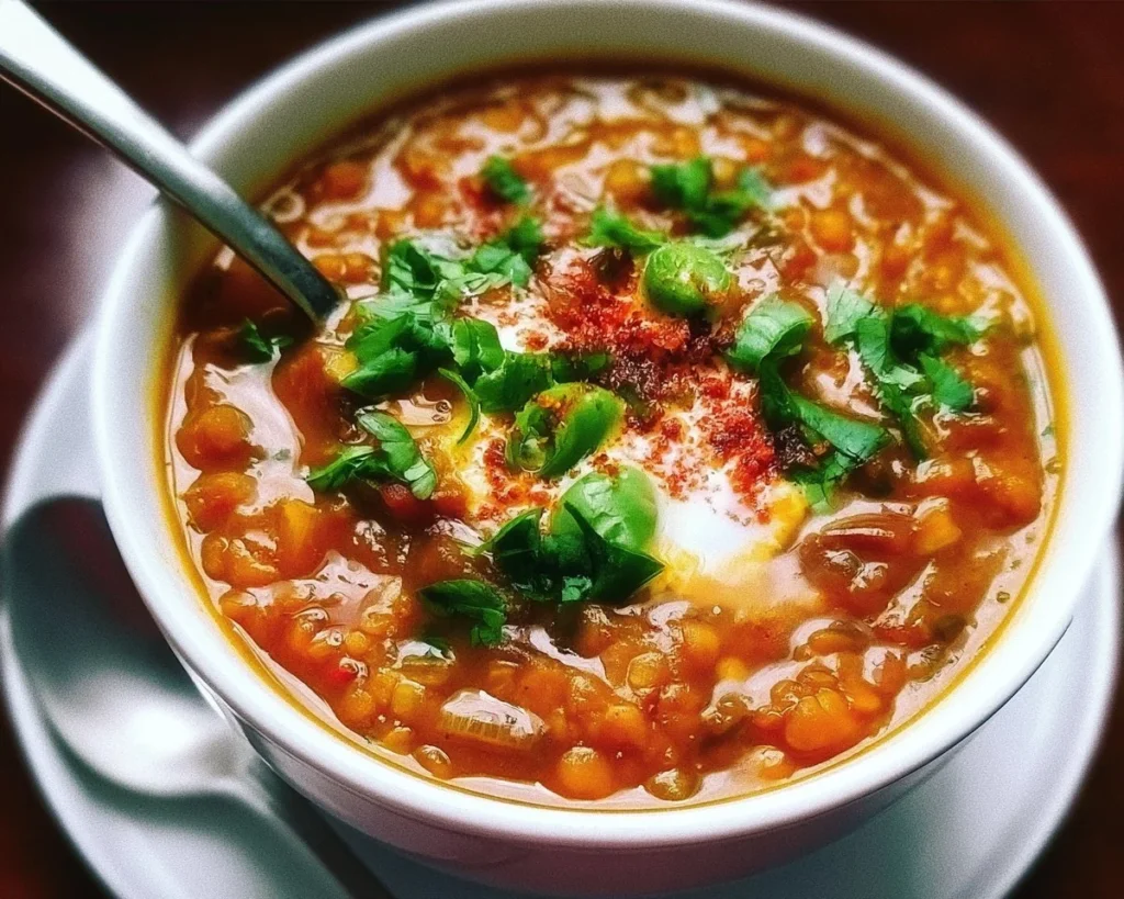 Bowl of detox Moroccan lentil soup garnished with herbs