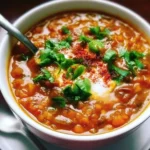 Bowl of detox Moroccan lentil soup garnished with herbs