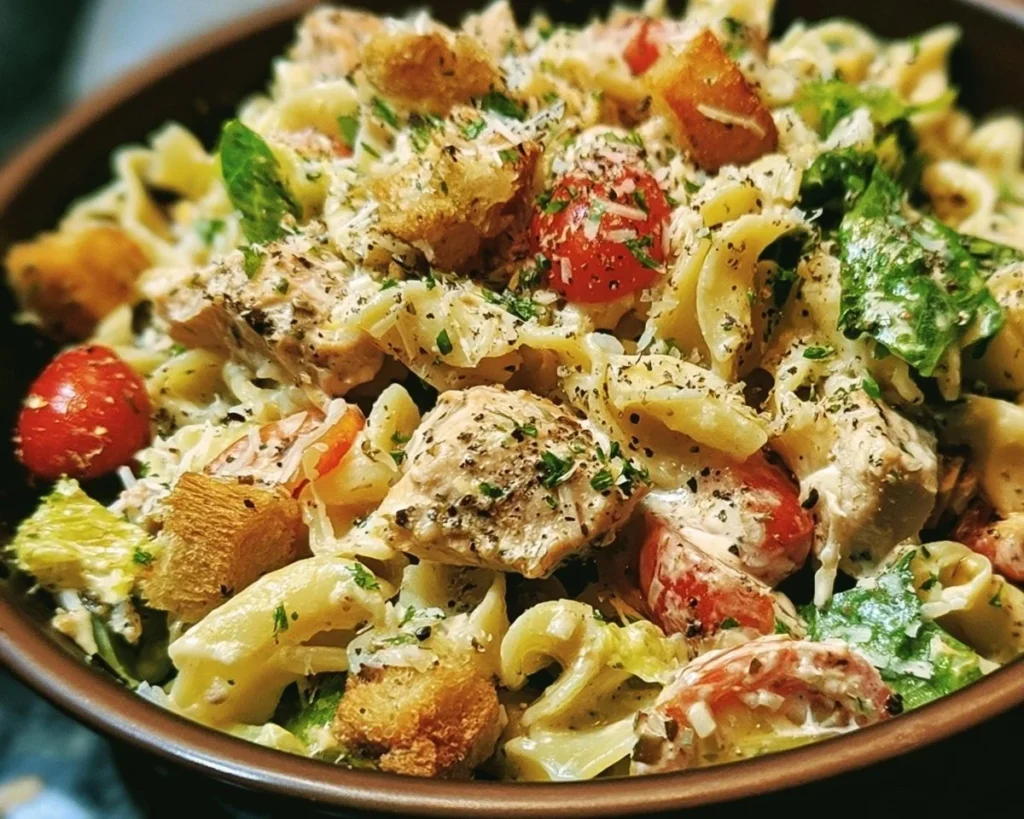 Bowl of Easy Chicken Caesar Pasta Salad with chicken and dressing