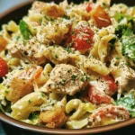 Bowl of Easy Chicken Caesar Pasta Salad with chicken and dressing