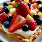 Delicious easy fruit pizza topped with fresh fruits and cream cheese frosting