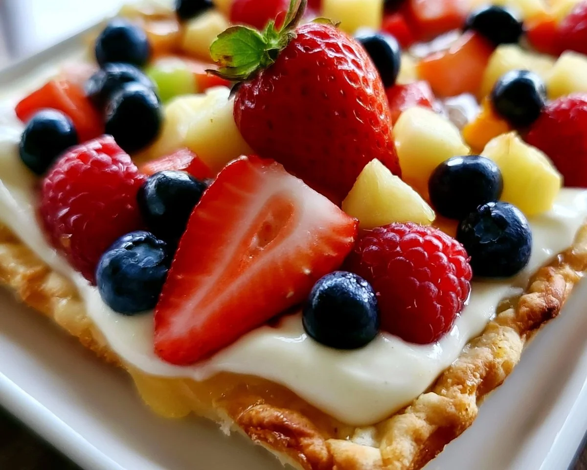Delicious easy fruit pizza topped with fresh fruits and cream cheese frosting