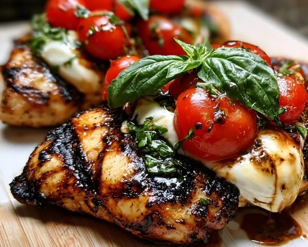 Plate of easy grilled chicken caprese with fresh basil, tomatoes, and mozzarella