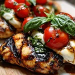 Plate of easy grilled chicken caprese with fresh basil, tomatoes, and mozzarella