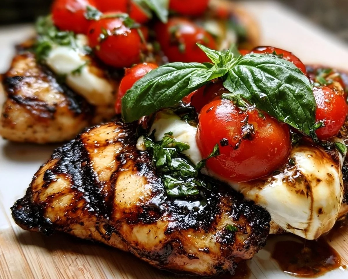 Plate of easy grilled chicken caprese with fresh basil, tomatoes, and mozzarella
