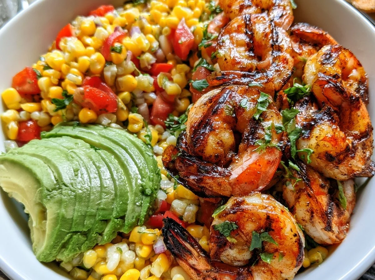 Easy grilled shrimp bowl with avocado and corn salsa