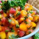Bowl of homemade fresh peach salsa with ingredients surrounding it