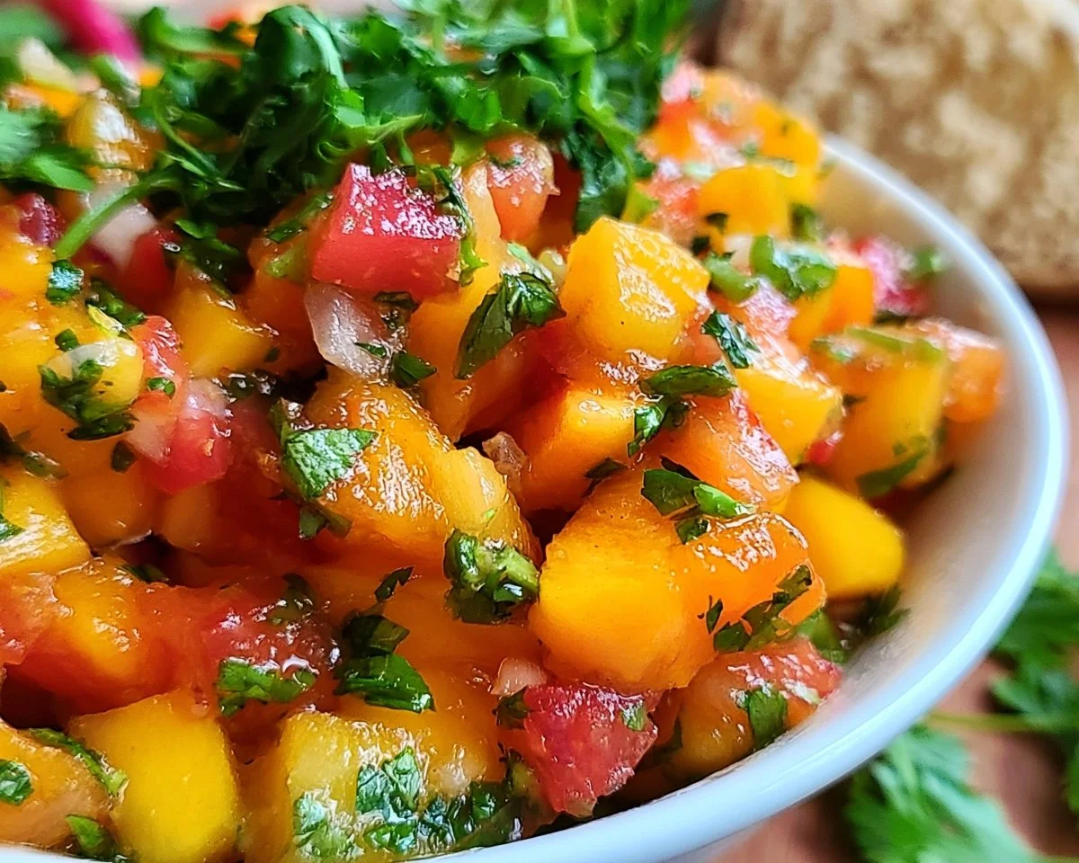 Bowl of homemade fresh peach salsa with ingredients surrounding it