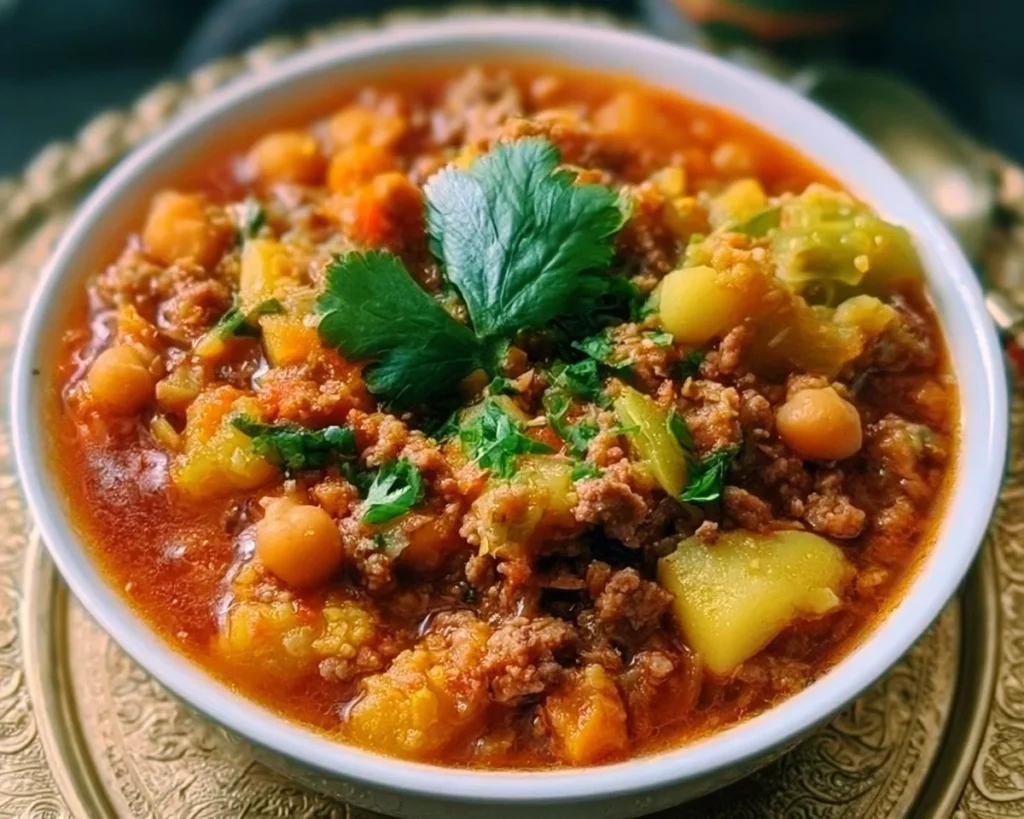 Delicious Easy Moroccan Ground Lamb Stew served in a bowl with fresh herbs