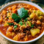 Delicious Easy Moroccan Ground Lamb Stew served in a bowl with fresh herbs