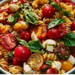 Fresh Caprese Pasta Salad with tomatoes, mozzarella, and basil in a bowl
