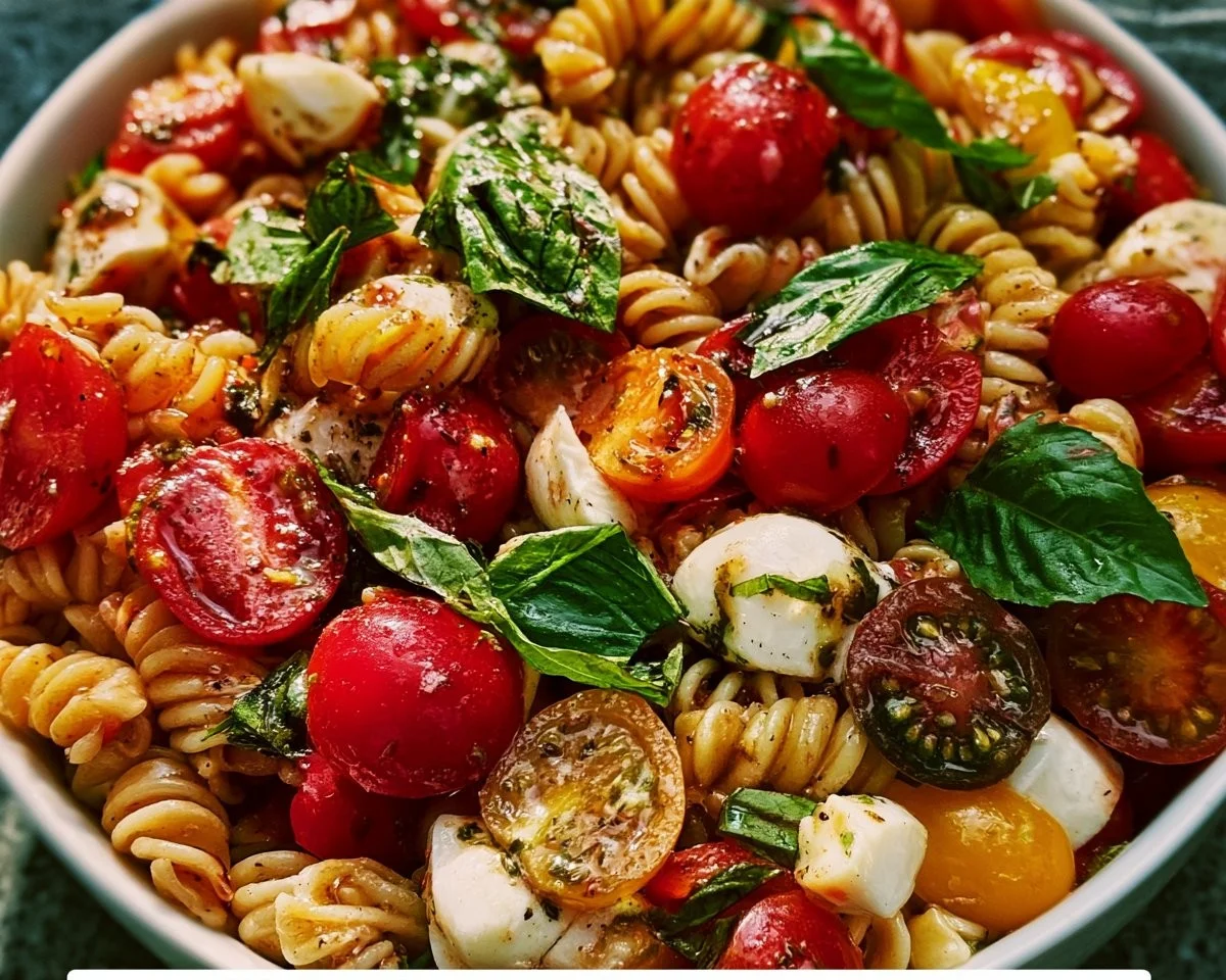 Fresh Caprese Pasta Salad with tomatoes, mozzarella, and basil in a bowl