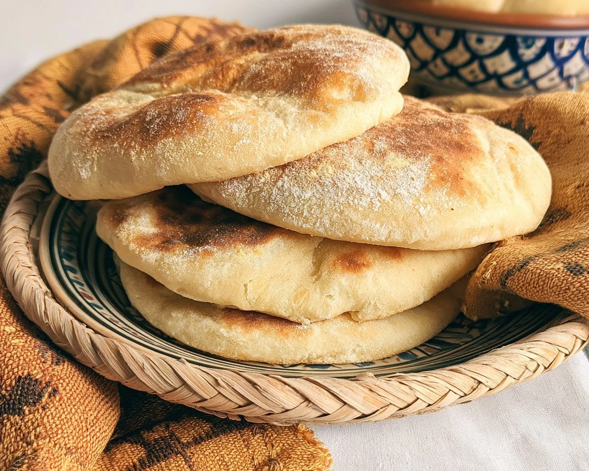 Freshly baked Khobz, traditional Moroccan bread, on a wooden table.