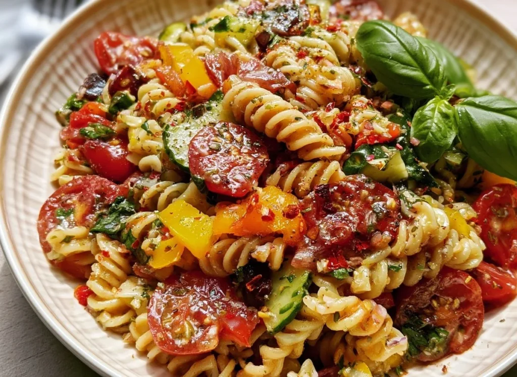 Colorful fresh pasta salad with vegetables and dressing in a bowl