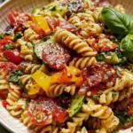 Colorful fresh pasta salad with vegetables and dressing in a bowl