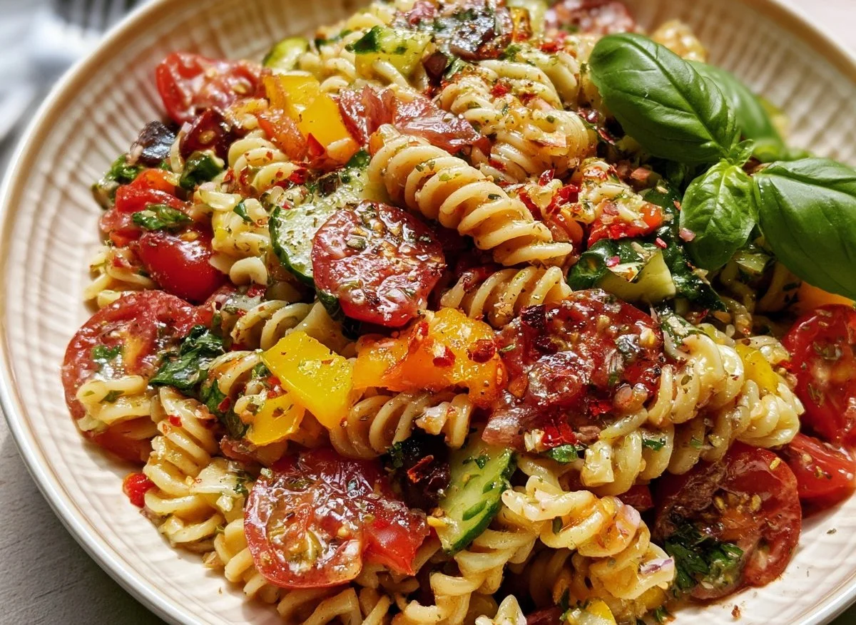 Colorful fresh pasta salad with vegetables and dressing in a bowl