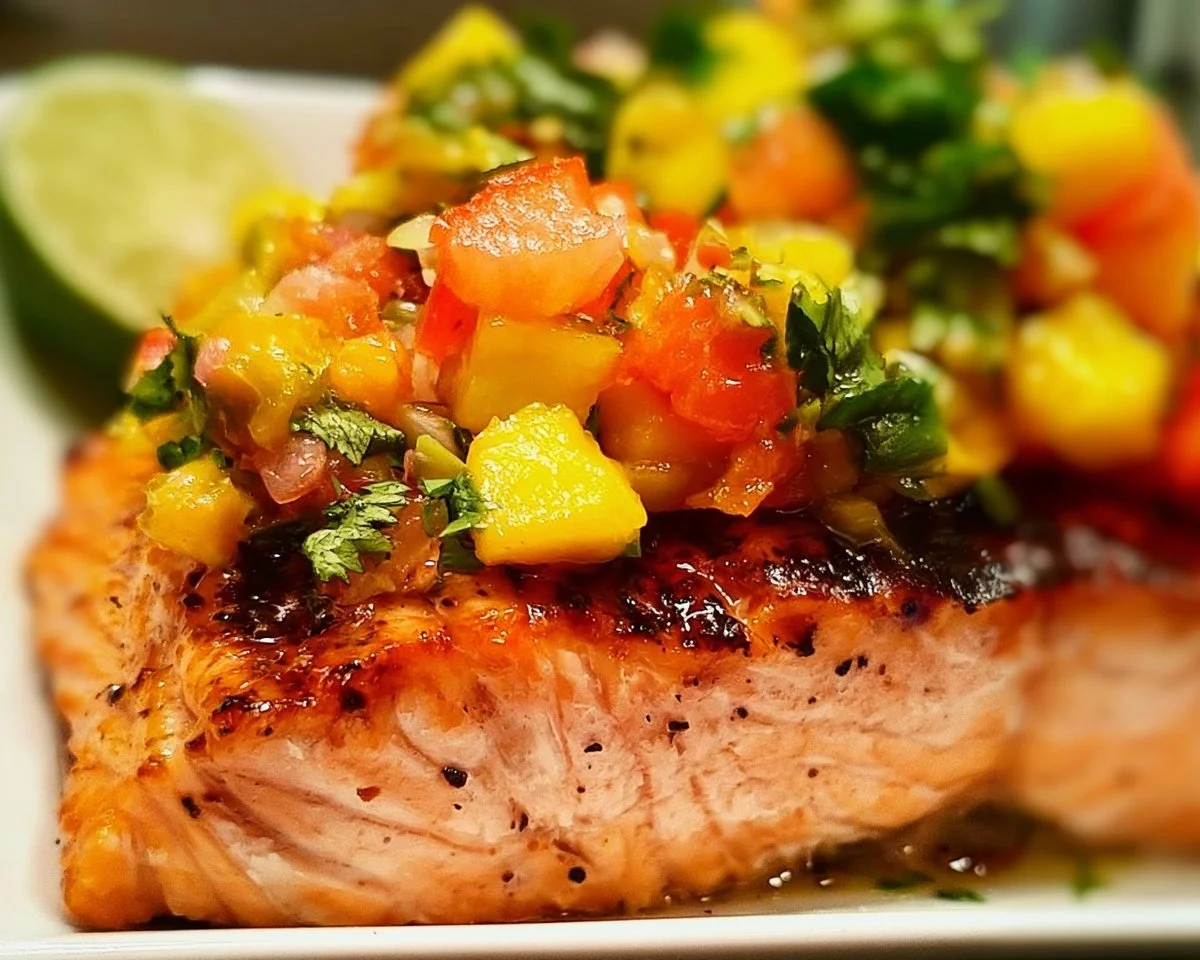 Delicious fresh salmon fillet served with mango salsa on a plate