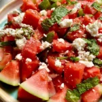 Fresh watermelon salad topped with crumbled feta cheese and mint leaves