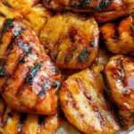 Grilled Aloha Chicken served with pineapple slices on a plate.