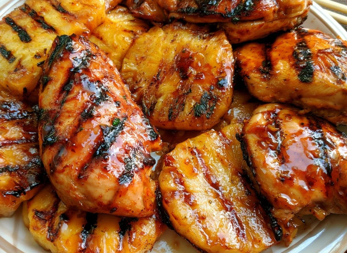 Grilled Aloha Chicken served with pineapple slices on a plate.