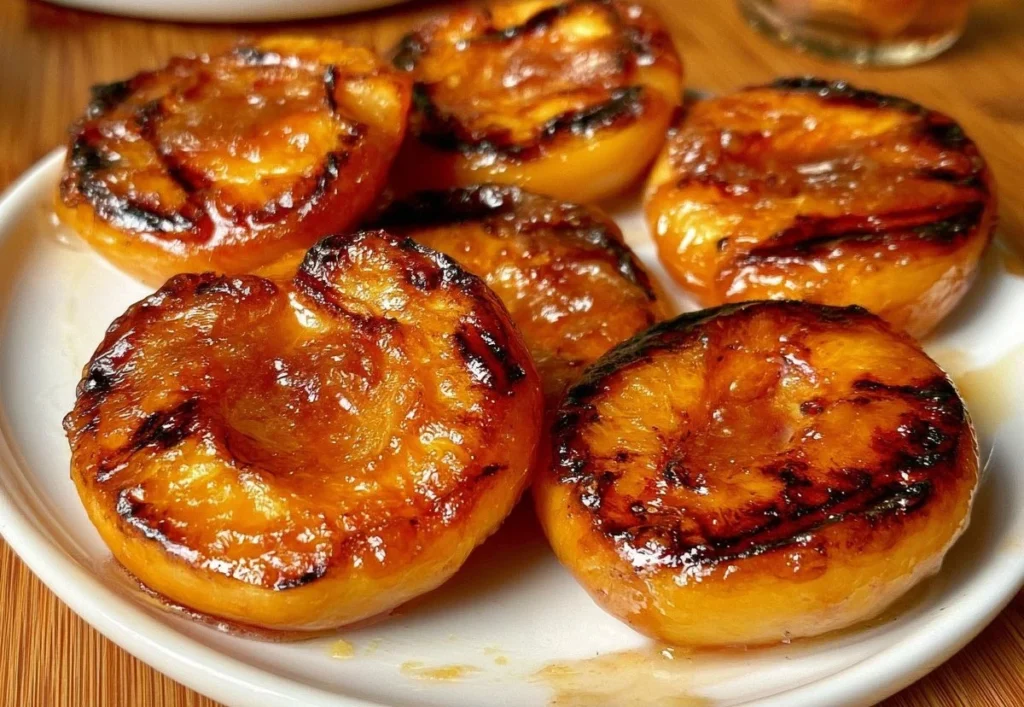 Grilled peaches served on a plate, showcasing their caramelized and juicy texture.
