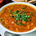 Bowl of Harira soup, a traditional Moroccan lentil stew garnished with herbs.