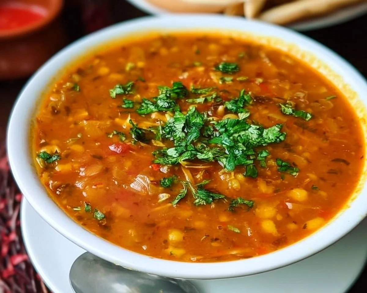 Bowl of Harira soup, a traditional Moroccan lentil stew garnished with herbs.