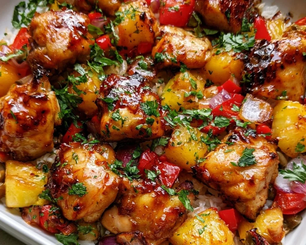 Hawaiian Chicken Sheet Pan with colorful vegetables ready to serve