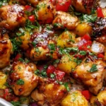 Hawaiian Chicken Sheet Pan with colorful vegetables ready to serve