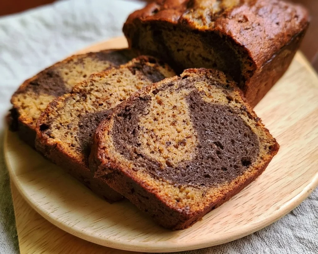 Sliced Hojicha Banana Bread topped with bananas and nuts on a wooden table